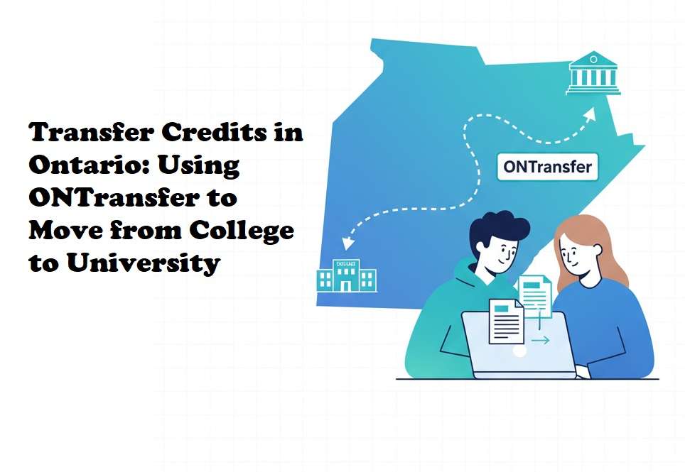 Two students review transfer credits with a path from college to university across a stylised Ontario map labelled ONTransfer.