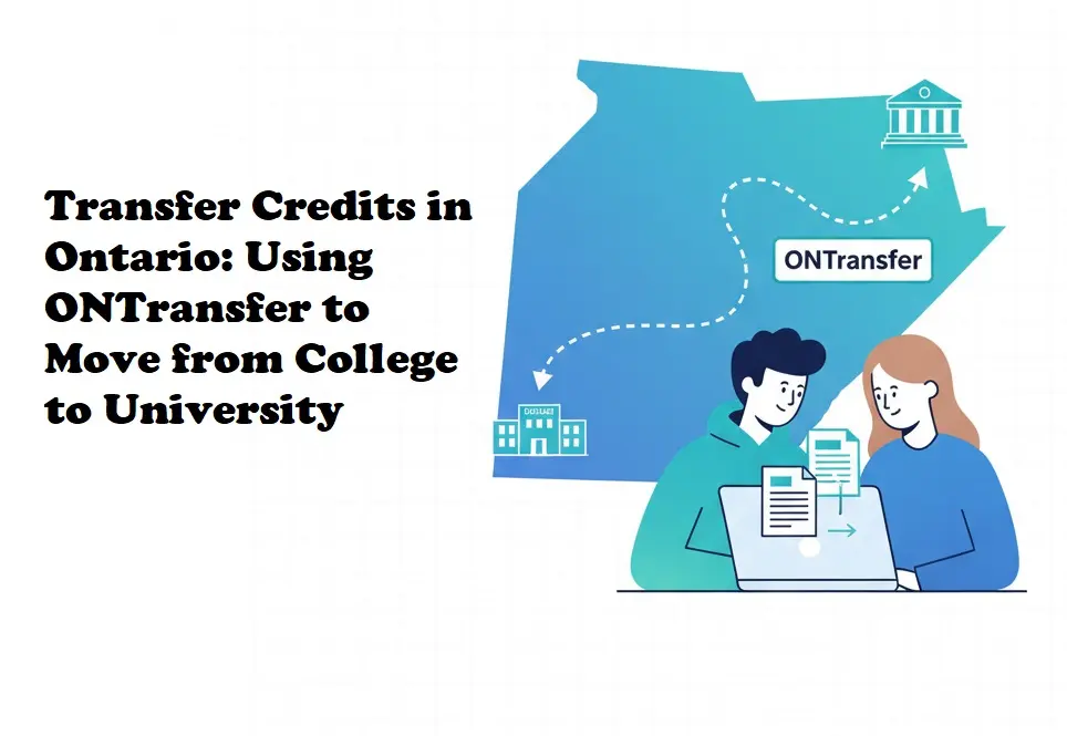 Two students review transfer credits with a path from college to university across a stylised Ontario map labelled ONTransfer.