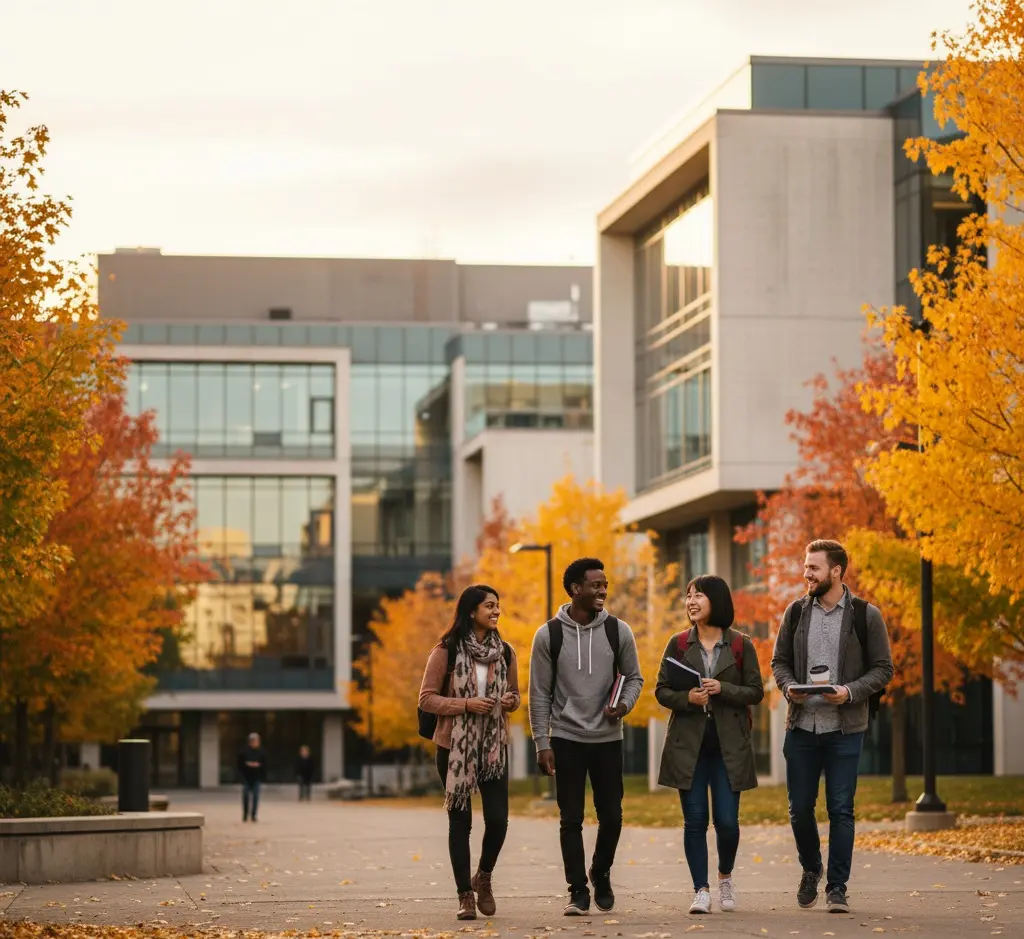 Ontario college certificate vs diploma vs advanced diploma vs degree: Diverse students walking across a modern Ontario college campus in autumn.