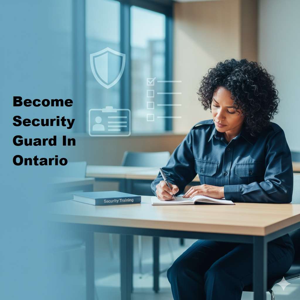 Ontario security guard licence: step-by-step guide 1 Ontario security guard licence: Student in generic security uniform studying in a classroom; space on left for title.