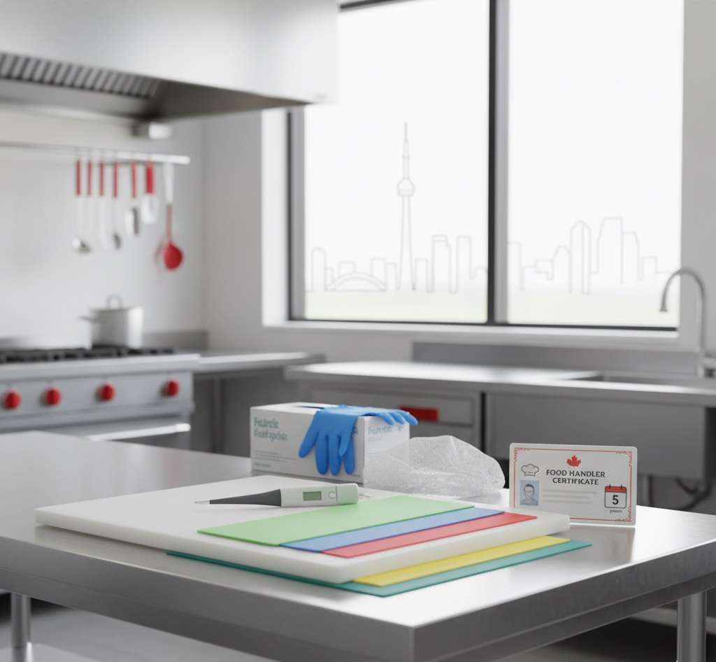 Food Handler certificate : Food safety tools and a certificate card on a clean prep counter with subtle Toronto skyline.