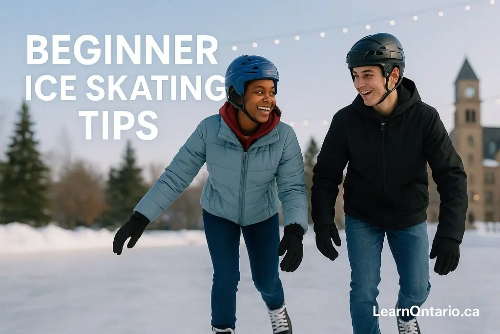 Ontario teens learning to skate at an outdoor rink under string lights, wearing CSA helmets.