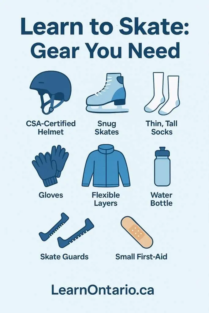 Learn to skate gear checklist: CSA-certified helmet, snug skates, thin tall socks, gloves, flexible layers, water bottle, skate guards, small first-aid kit.