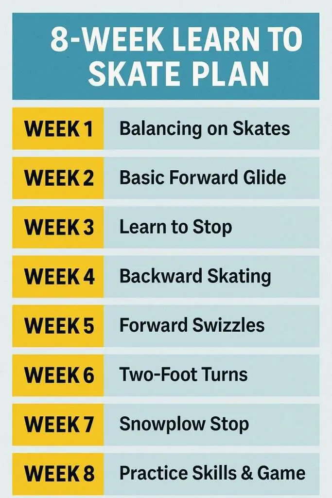 8-week learn to skate plan for youth: balance, forward glide, stop, backward skating, forward swizzles, two-foot turns, snowplough stop, practice skills.