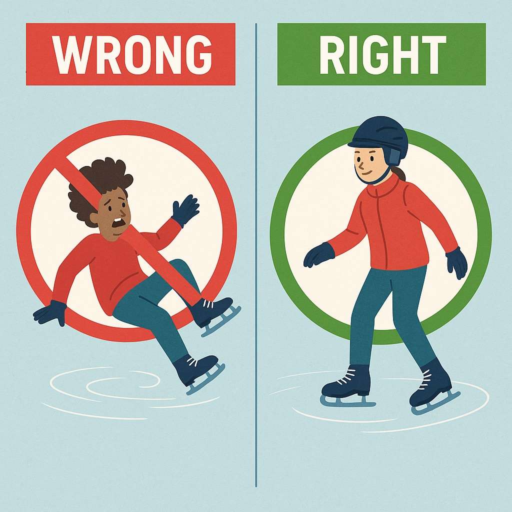 Learn to Skate in Ontario: Step-by-Step Guide 5 Skating posture comparison: unsafe fall (wrong) versus proper stance with helmet and bent knees (right).