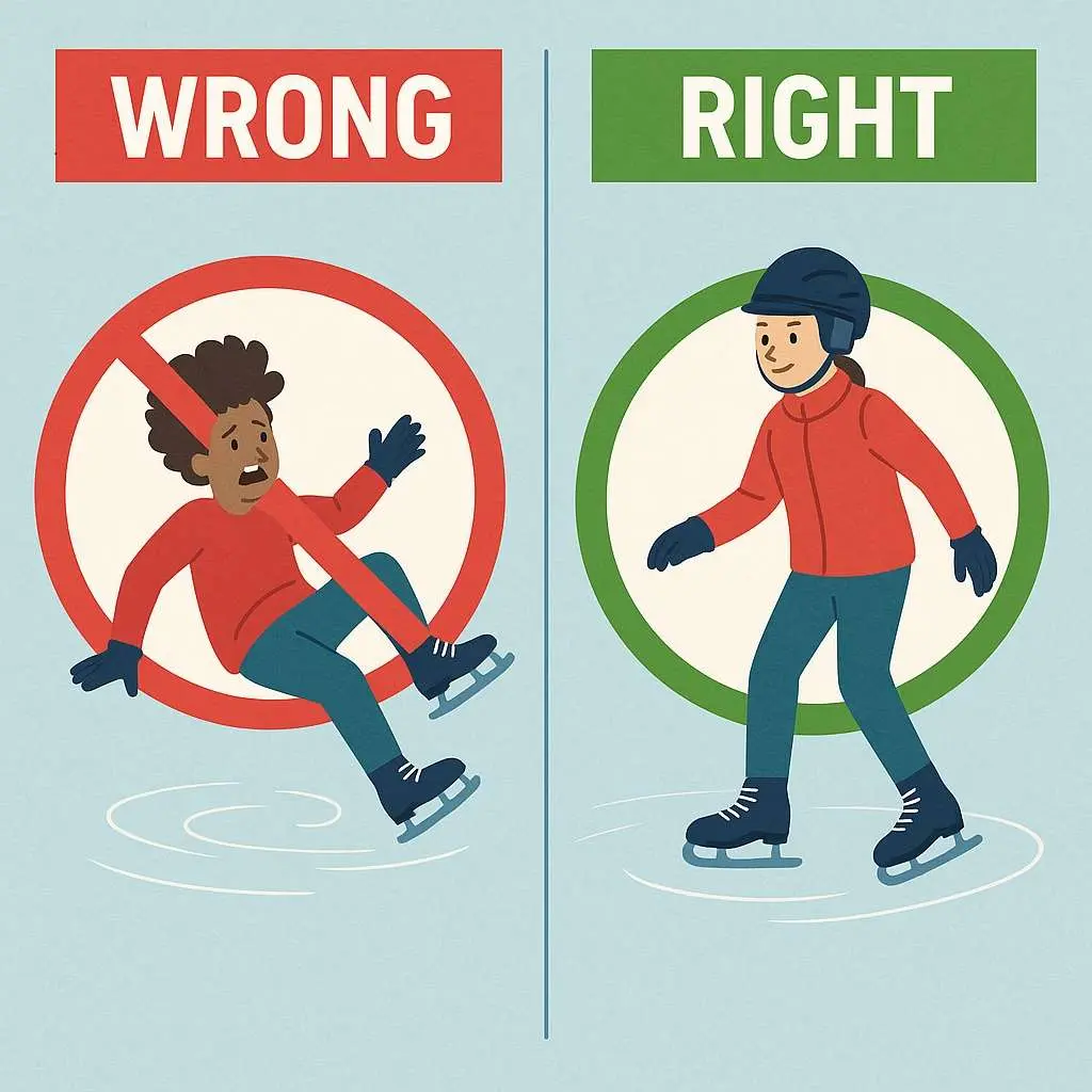 Skating posture comparison: unsafe fall (wrong) versus proper stance with helmet and bent knees (right).