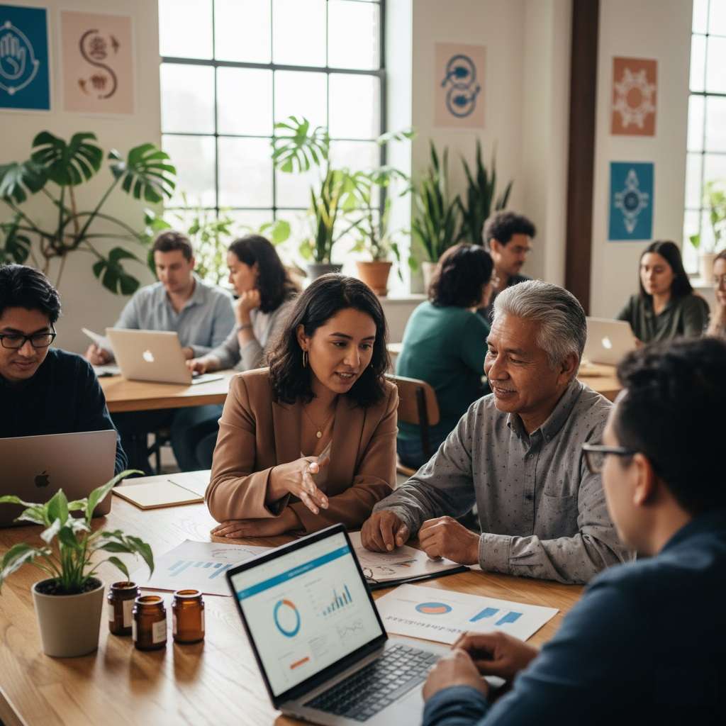 on Indigenous Economic Development Fund Ontario: $3.2M Intake: Indigenous entrepreneur meeting with a programme advisor about funding in a modern Ontario co-working space.