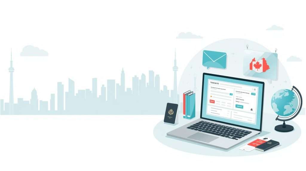 How to become a travel agent in Ontario 1 Clean illustration of Toronto skyline and Ontario map with a travel advisor’s desk items—passport, laptop, and globe.