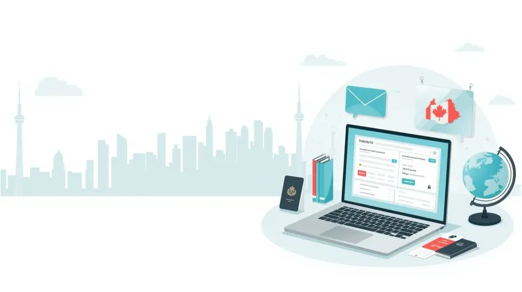 Clean illustration of Toronto skyline and Ontario map with a travel advisor’s desk items—passport, laptop, and globe.