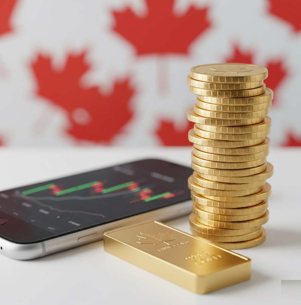 wealthsimple gold Stack of gold coins and bar with a blurred phone showing a generic trading chart; subtle maple-leaf background to signal Canada.