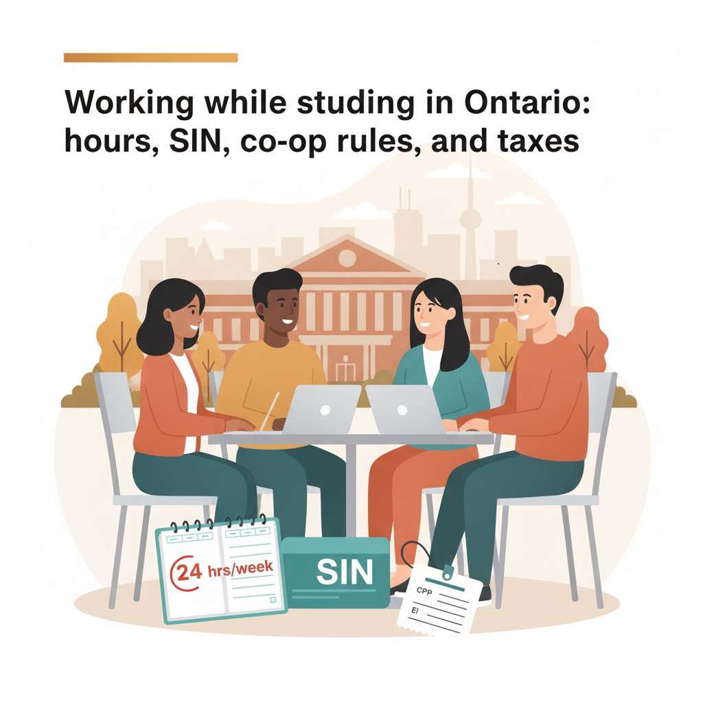 Working while studying - Ontario students reviewing a 24-hour work cap, SIN and co-op requirements at a campus café.
