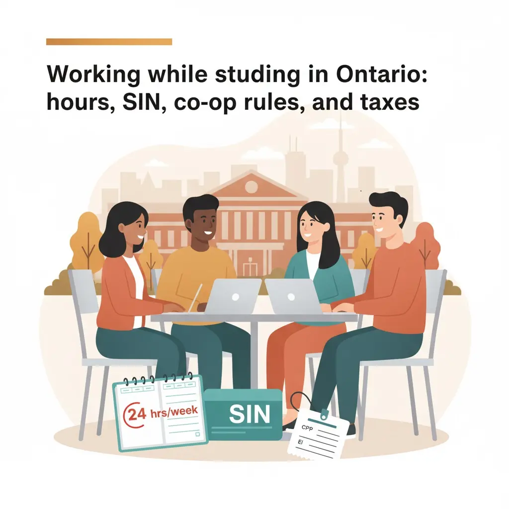 Working while studying - Ontario students reviewing a 24-hour work cap, SIN and co-op requirements at a campus café.