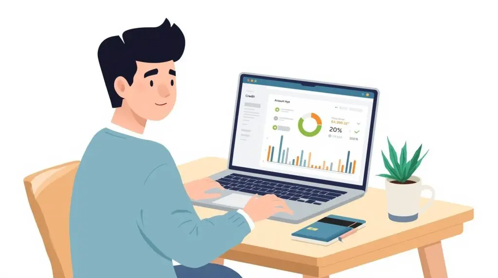 Ontario student at a desk viewing a dashboard with on-time payments, low credit utilization, and a long account history timeline