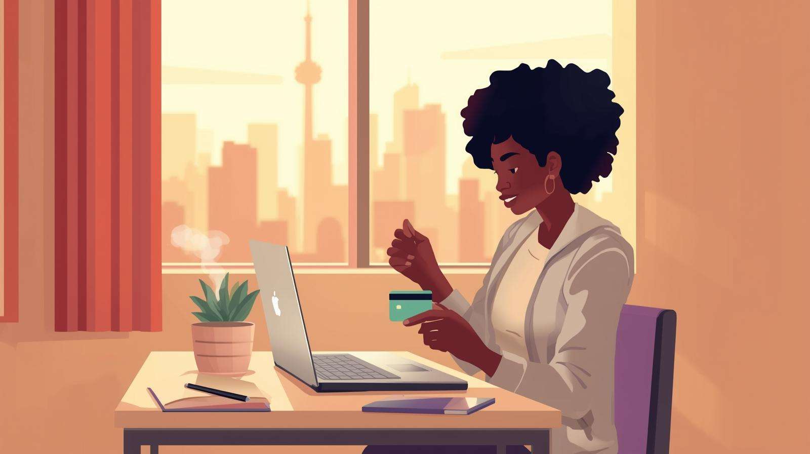 Ontario student using a laptop and credit card at a desk, planning their finances.