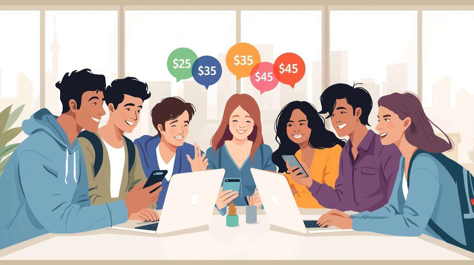 Ontario college students comparing cheap phone plans on their phones and laptops in a campus lounge.