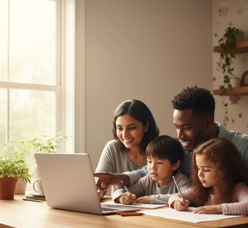 Child Tax Benefit in Ontario:Parents reviewing finances with a laptop while their child draws