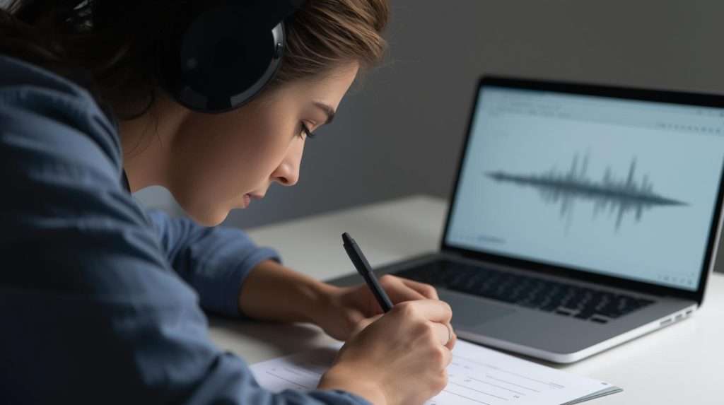 Close up of a newcomer at a language assessment desk wearing headphones filling an answer sheet beside a laptop showing a simple waveform i