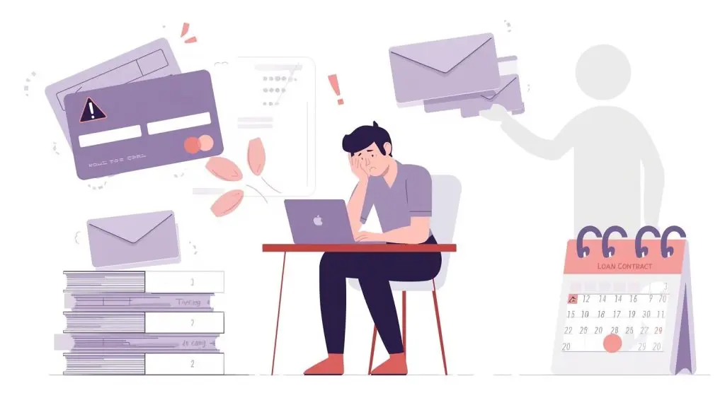 Stressed student surrounded by maxed-out cards, unopened bills, and loan papers, representing common credit mistakes.