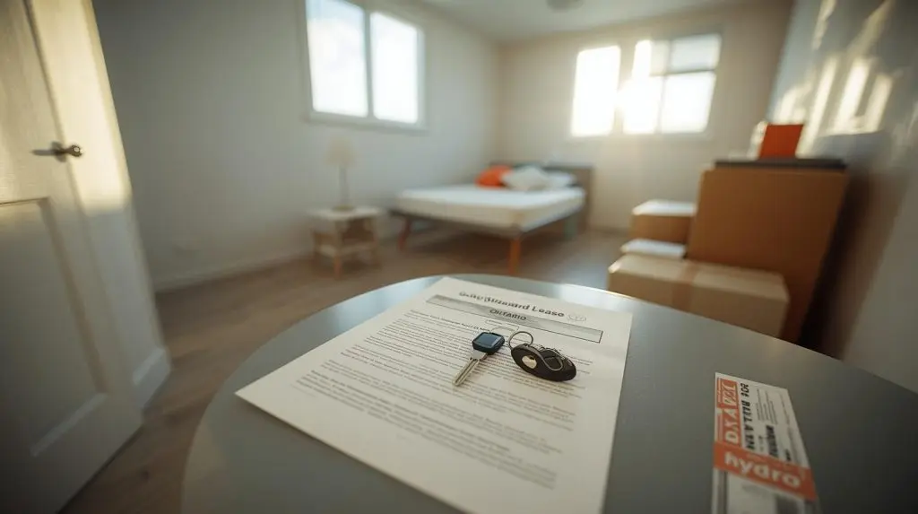 Renting First Apartment in Ontario - Keys and an Ontario standard lease on a small table in a bright basement apartment with moving boxes.