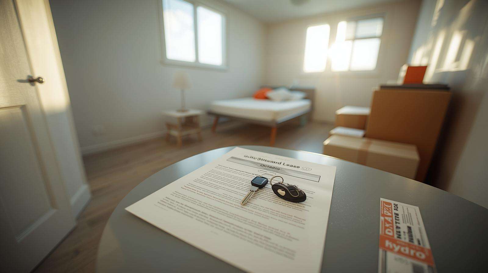 Keys and an Ontario standard lease on a small table in a bright basement apartment with moving boxes.
