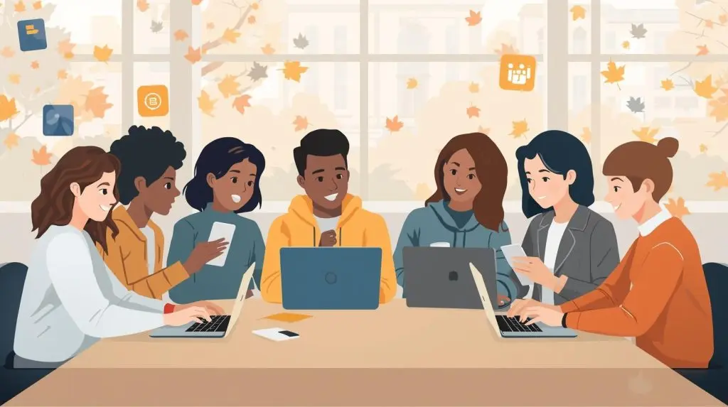 Group of diverse college students in Ontario using laptops and phones with study, budgeting, and transit apps on screen in a campus study space