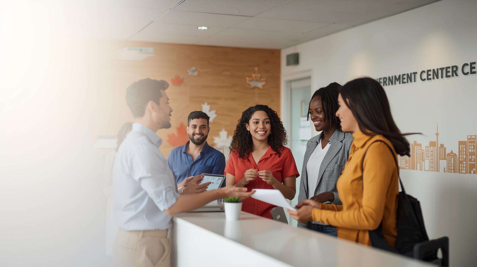 SIN application - Diverse newcomers at a government help desk receiving a confirmation letter