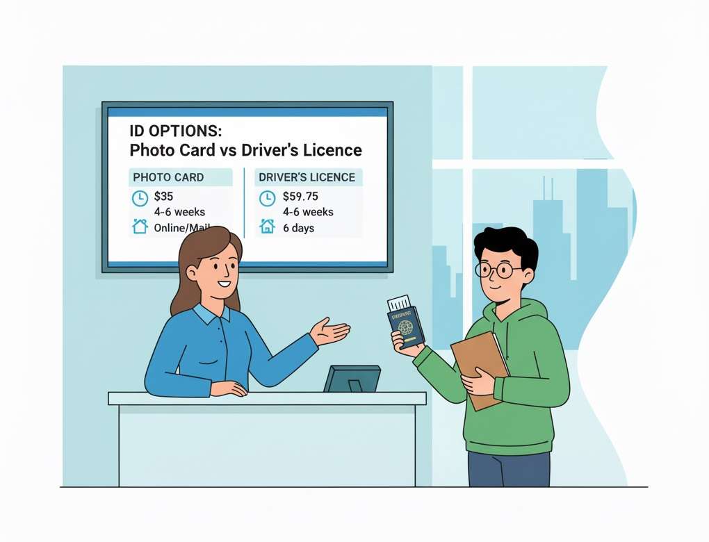Photo Card vs driver’s licence: Student at a ServiceOntario-style counter choosing between an Ontario Photo Card and a driver’s licence.