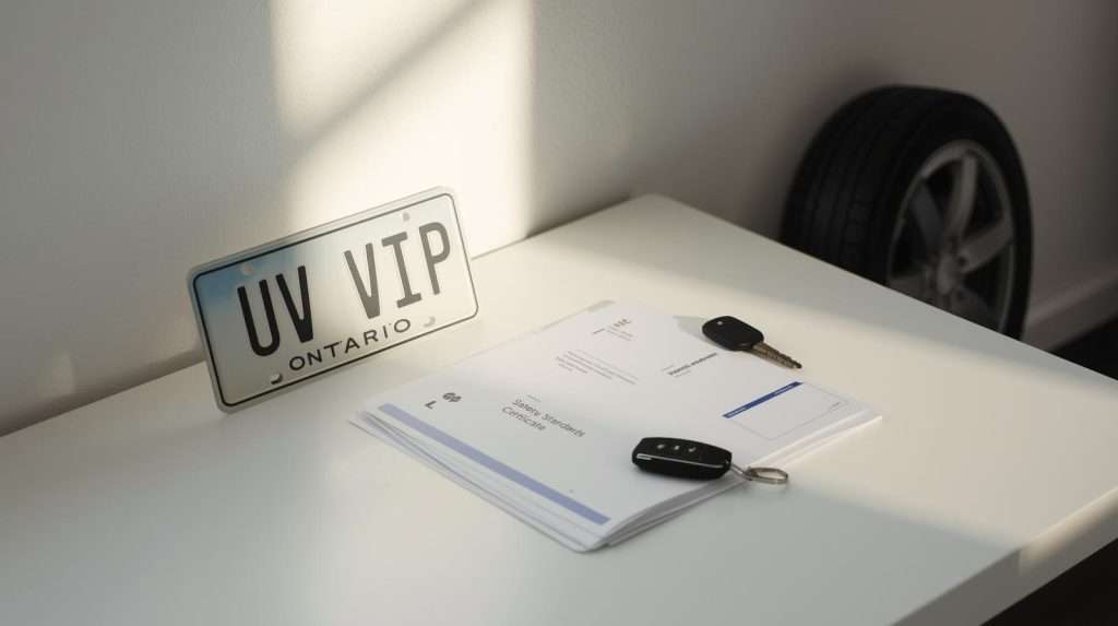 Ontario used-car checklist items on a desk—UVIP, safety certificate, keys, plate silhouette, and winter tire.