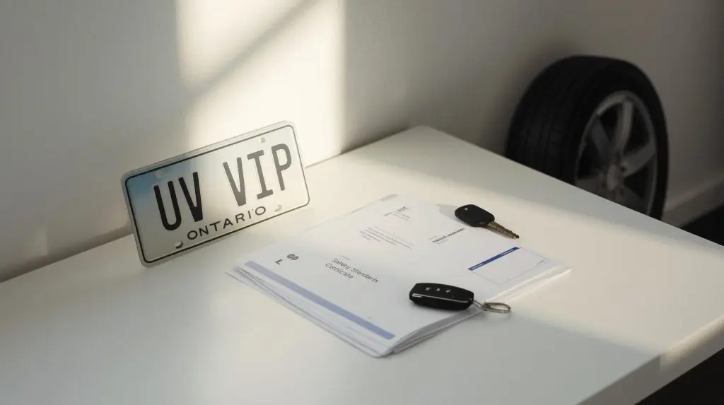 Ontario used-car checklist items on a desk—UVIP, safety certificate, keys, plate silhouette, and winter tire.