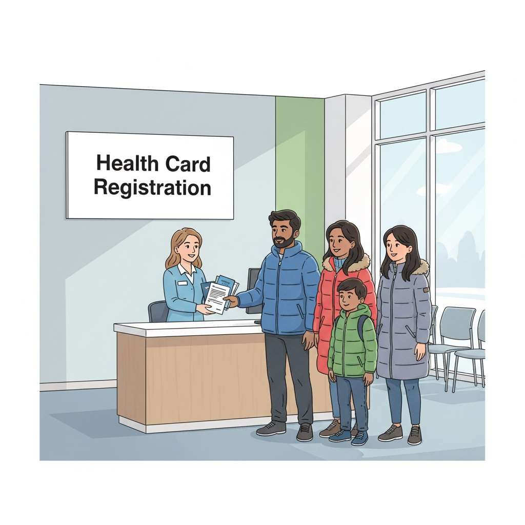 How to get an Ontario Health Card: Newcomer family submits documents at a Health Card Registration desk in Ontario.