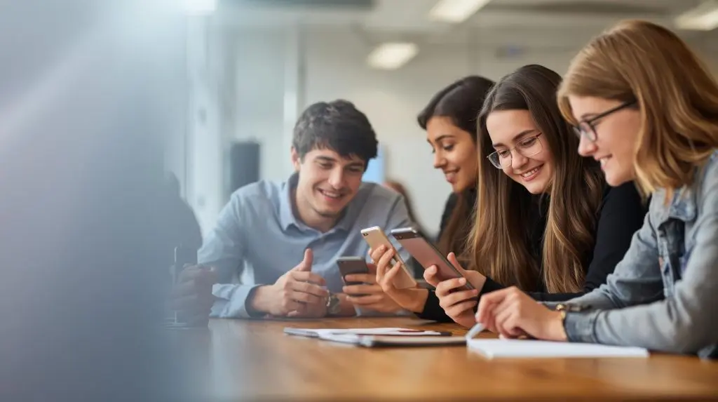 Students in a bright campus space reviewing a generic banking app, with open space on the left for the page title