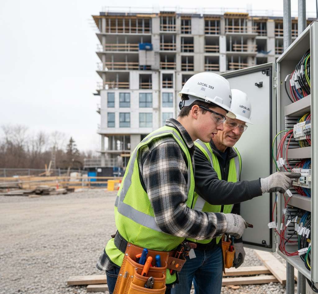 Young electrician apprentice in safety gear learning from a journeyperson on a condo construction site in Ontario.