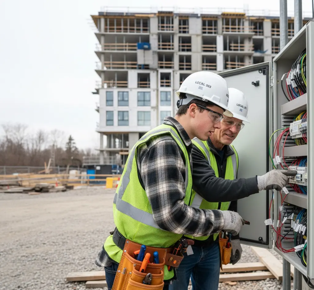 Young electrician apprentice in safety gear learning from a journeyperson on a condo construction site in Ontario.