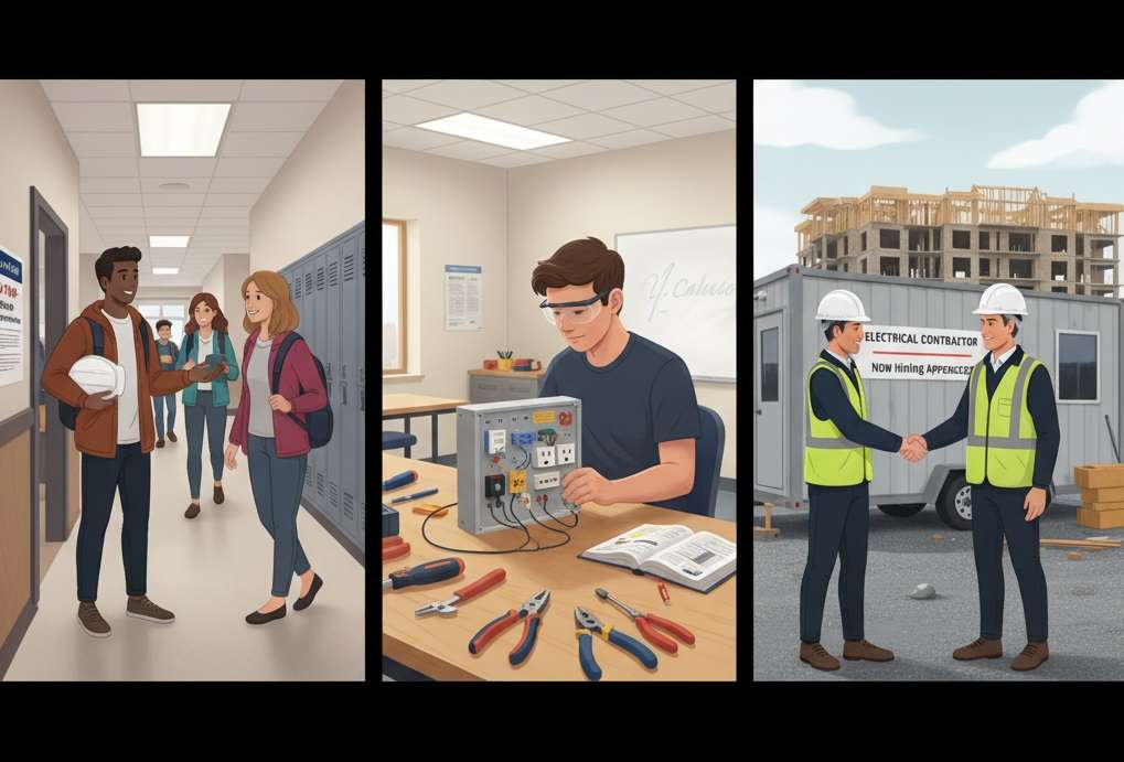 Three scenes showing different ways to start an electrician apprenticeship in Ontario: high school co-op/OYAP, college Electrical Techniques program, and direct hire by an electrical contractor.