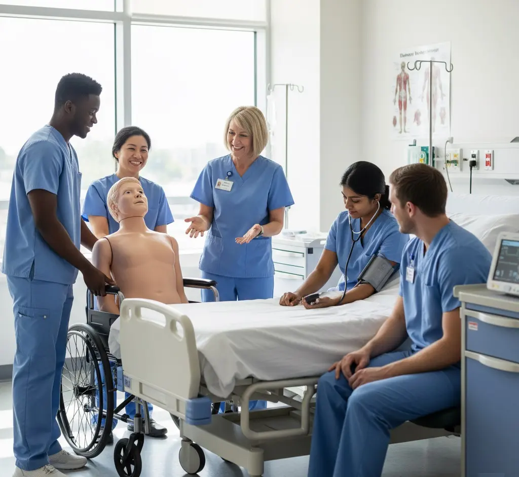 Personal Support Worker (PSW) in Ontario: PSW trainees practise care skills in a college clinical lab in Ontario.