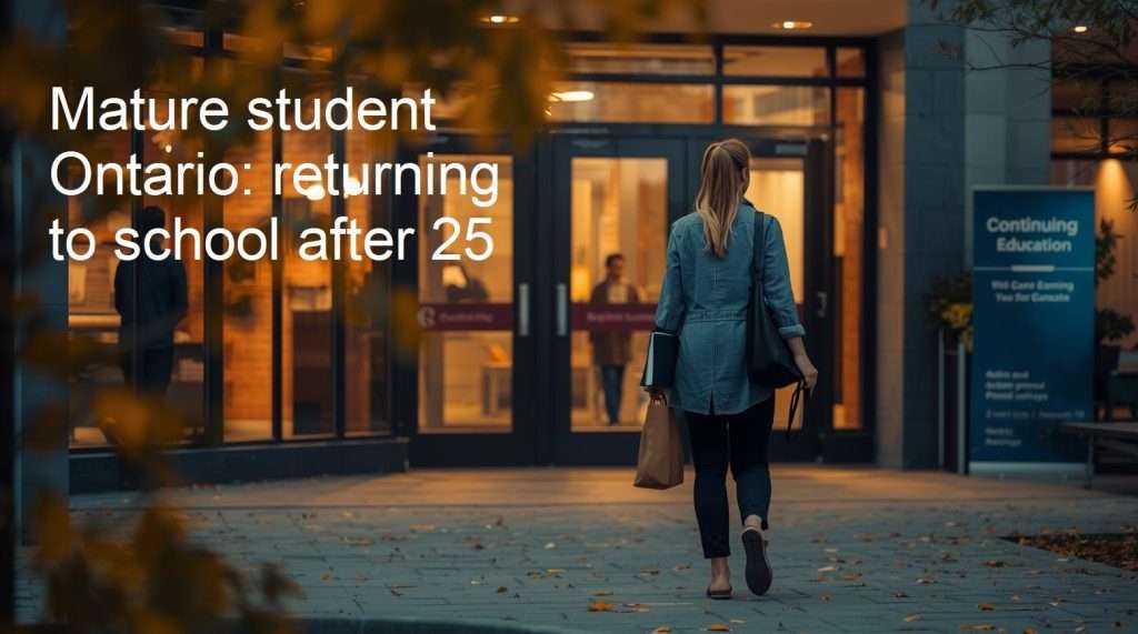 Mature student Ontario: returning to school after 25 - Adult learner entering an evening college building in Ontario