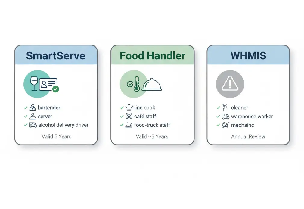 hree side-by-side badges labelled SmartServe, Food Handler, and WHMIS with green-check job lists under each, in a clean flat-vector style.