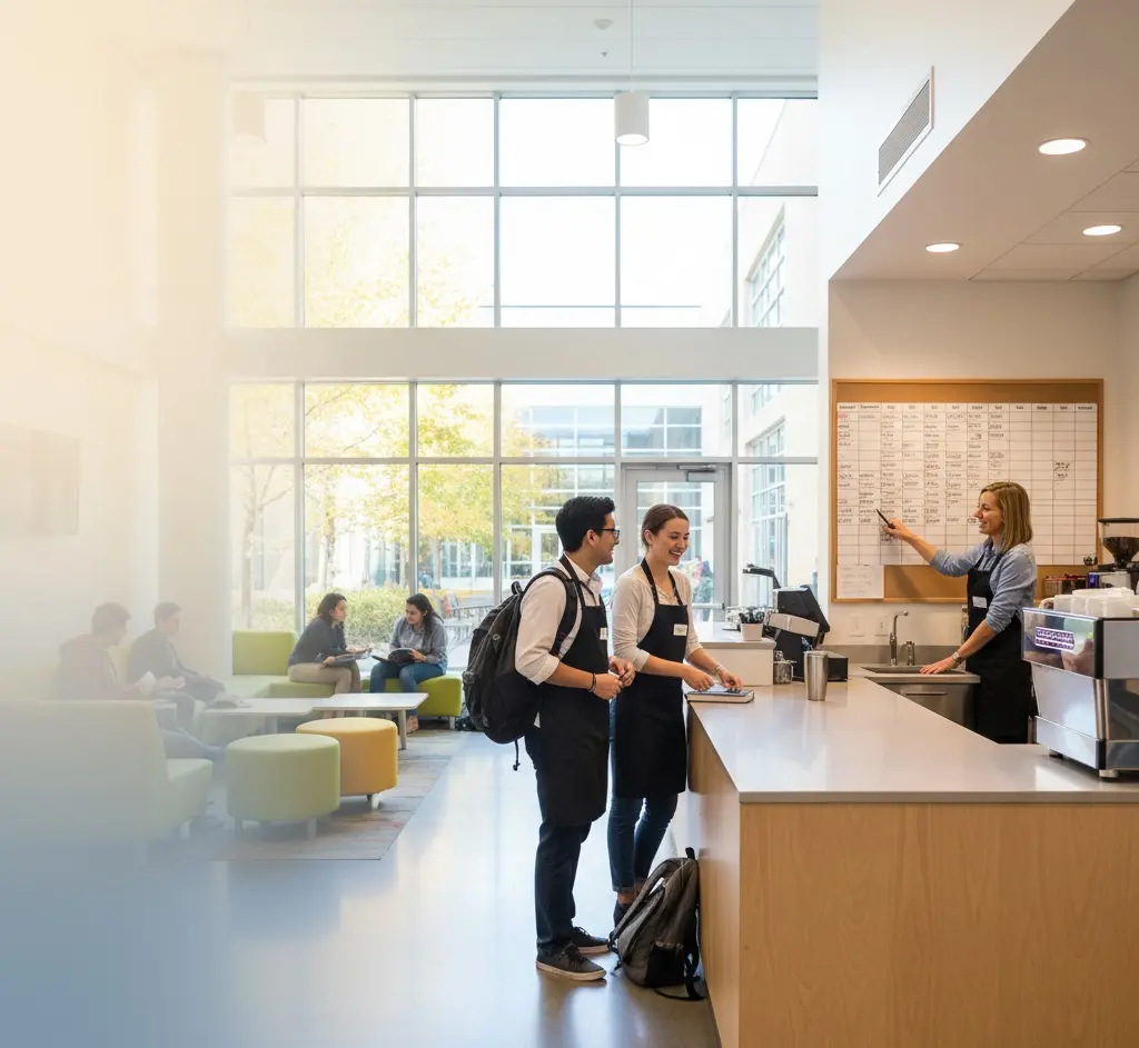 Part-time jobs for international students - Modern Ontario campus common area / café counter, diverse international students (late teens–20s) finishing class and starting part-time shifts (apron, headset, book bag)