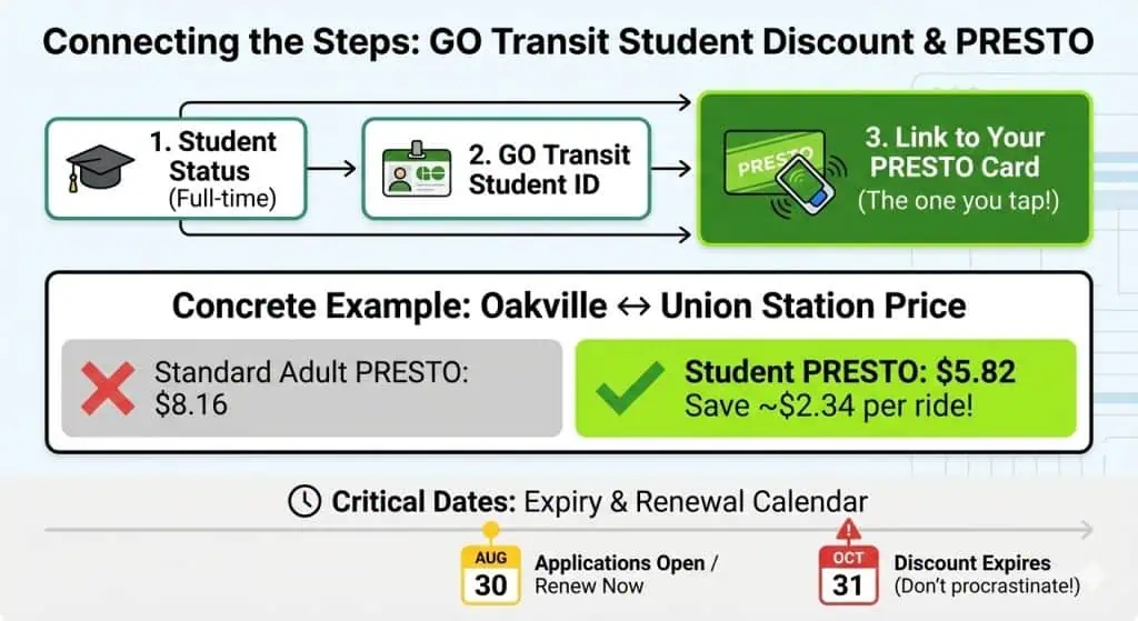 Infographic showing how to set up GO Transit student discount on PRESTO card, featuring price comparison between adult and student fares and key renewal dates of August 30 and October 31.