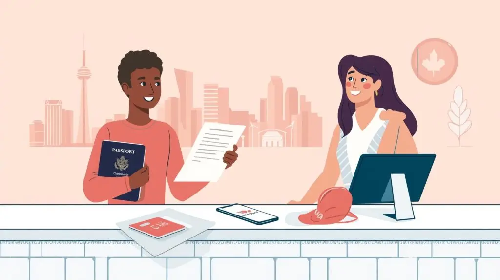 How to Open a bank account in Ontario (newcomer + student options)”. Scene: a newcomer/student standing at a bank counter with a friendly teller (no real bank logos), holding a passport and a simple “SIN” document, while a debit card and smartphone screen showing