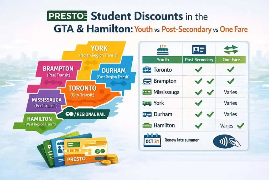 Infographic showing PRESTO student discounts in the GTA and Hamilton, with a simplified zone map (Toronto, York, Durham, Mississauga, Brampton, Hamilton and GO/Regional Rail) and a legend comparing Youth, Post-Secondary and One Fare savings, plus an Oct 31 renewal reminder and PRESTO tap icon.