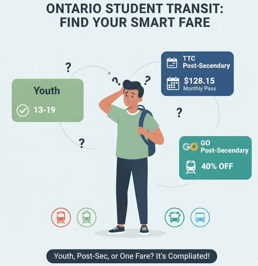 A clean, modern infographic illustration for an Ontario student transit guide. At the center, a university student looks thoughtfully at three floating PRESTO card icons. The green 'Youth' card is labeled '13-19' with a checkmark. The blue 'TTC Post-Secondary' card displays '$128.15' next to a monthly calendar icon. The teal 'GO Post-Secondary' card shows '40% off' with a GO train icon. Dashed lines connect the cards to small transit icons for a subway, train, and bus. The design uses a professional flat vector style with a palette of blues, greens, and grays