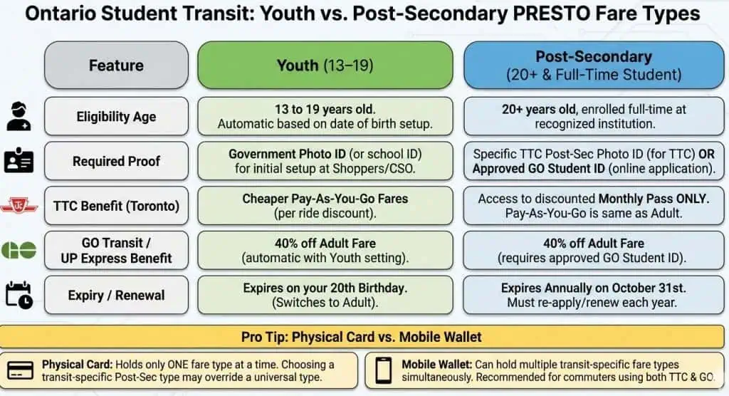 PRESTO student fare types: Youth vs Post-Secondary (what changes at age 20)