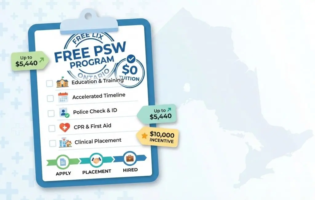 Free PSW program Ontario: how to train with $0 tuition 1 Illustration of a clipboard stamped ‘$0 Tuition’ with a PSW training checklist and Ontario-themed icons. Free PSW program Ontario
