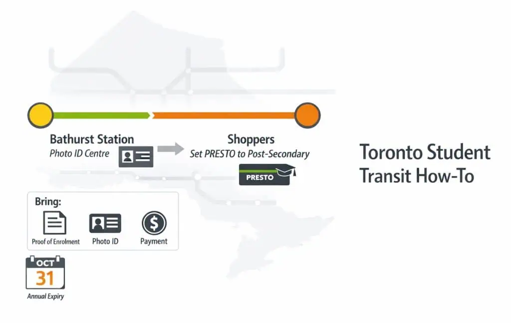 Infographic showing the two-step process for TTC post-secondary setup: get a student photo ID at Bathurst Station, then set PRESTO to Post-Secondary at Shoppers.