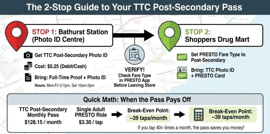 Infographic illustrating the two-step process to get a TTC Post-Secondary Monthly Pass: Stop 1 at Bathurst Station Photo ID Centre to get the photo ID, and Stop 2 at Shoppers Drug Mart to set the PRESTO fare type. Includes a break-even calculation showing the pass is worth it for approximately 39+ taps per month.