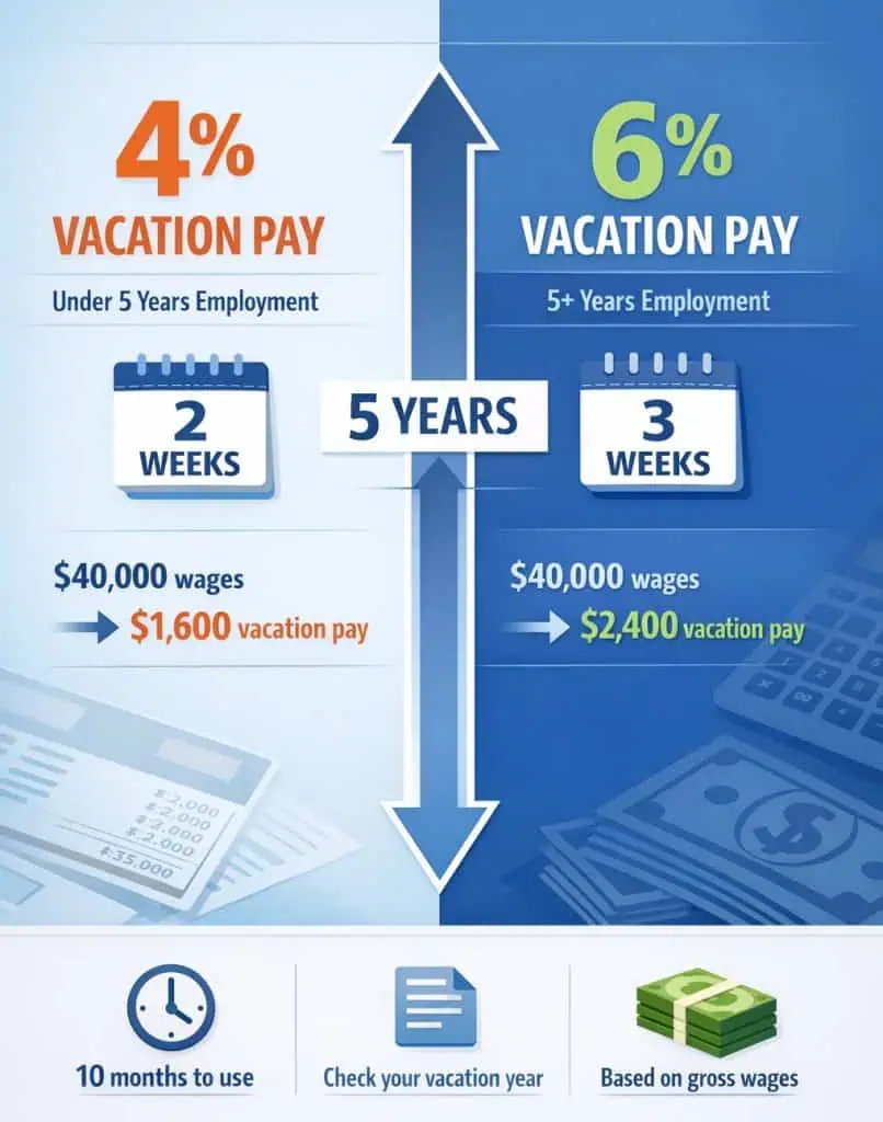 Ontario Vacation Pay Calculator: Professional infographic showing Ontario vacation pay rates: split screen design with '4% VACATION PAY (Under 5 years) = $1,600 on $40k' on left in light blue, and '6% VACATION PAY (5+ years) = $2,400 on $40k' on right in darker blue. Include timeline arrow showing 5-year threshold, calendar icons for 2 weeks vs 3 weeks vacation time, and Ontario maple leaf. Clean, modern style with clear typography.