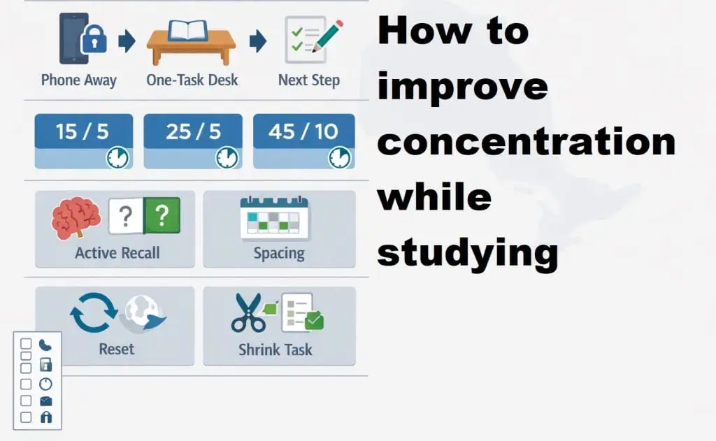 How to improve concentration while studying: Infographic showing a focus system for studying: phone away, one-task desk, timed sprints, active recall, spaced review, and quick reset steps.