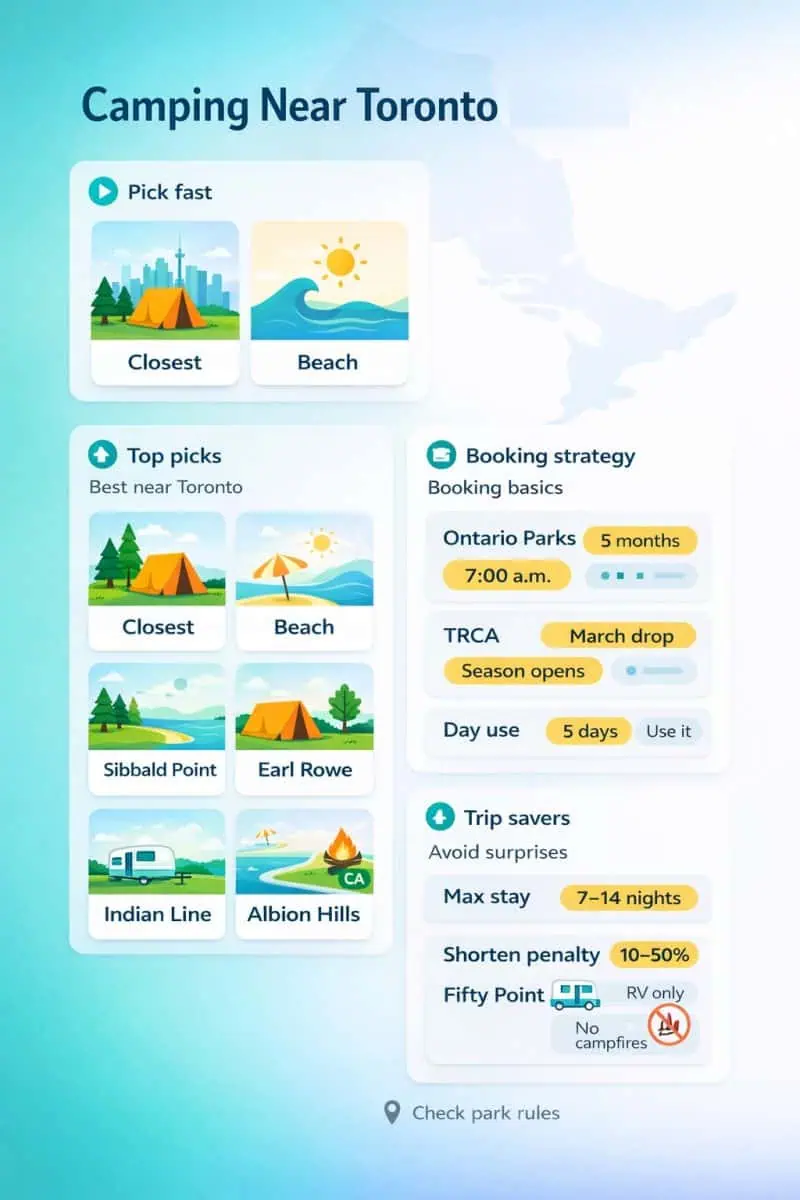 Camping near Toronto: best campgrounds + parks (2026) 1 Camping near Toronto illustration for Ontario Parks and travel planning.