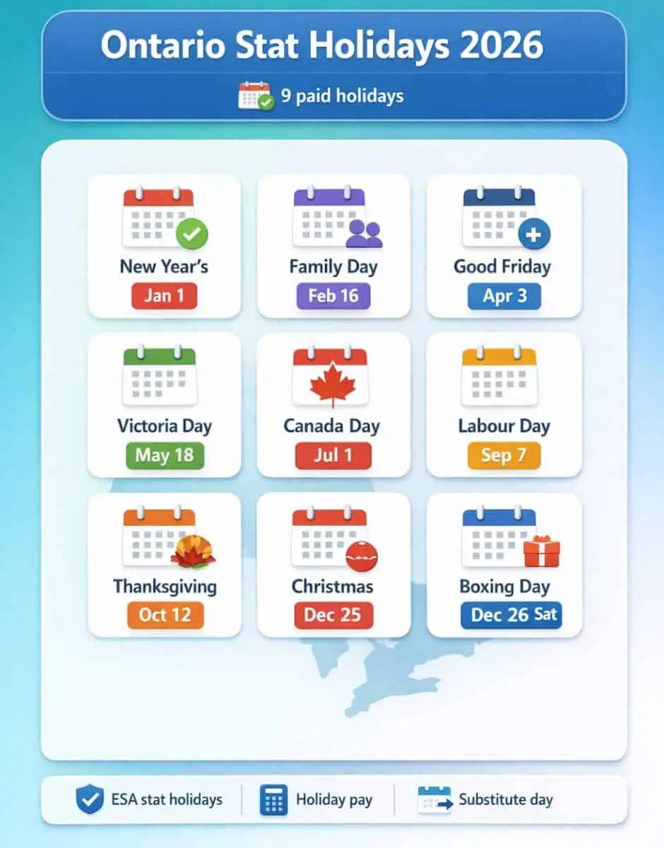 Ontario statutory holidays 2026: dates + stat pay basics